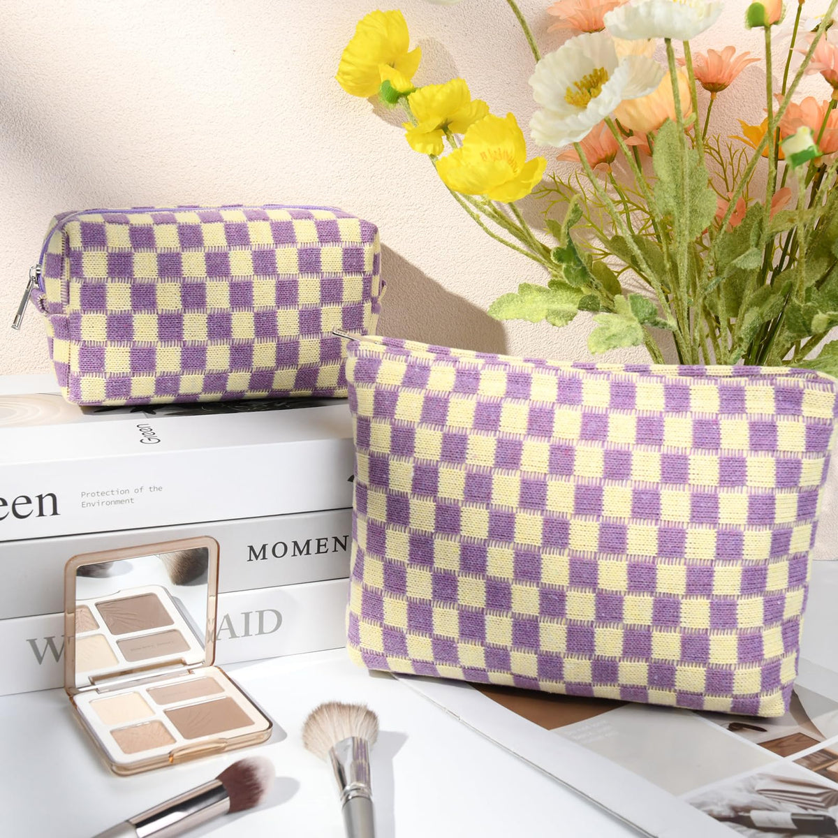 SOIDRAM Checkered Makeup Bag side view showing zipper