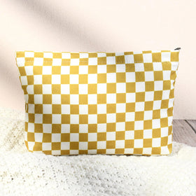 SOIDRAM checkered makeup bags stacked together