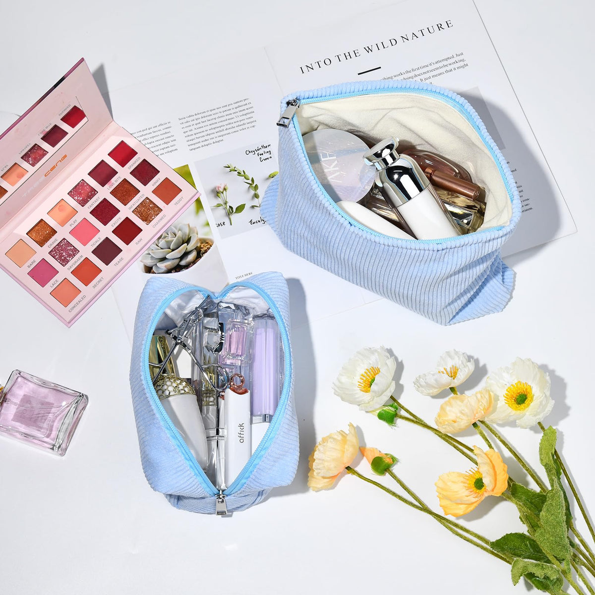 SOIDRAM corduroy makeup bags displayed with cosmetics