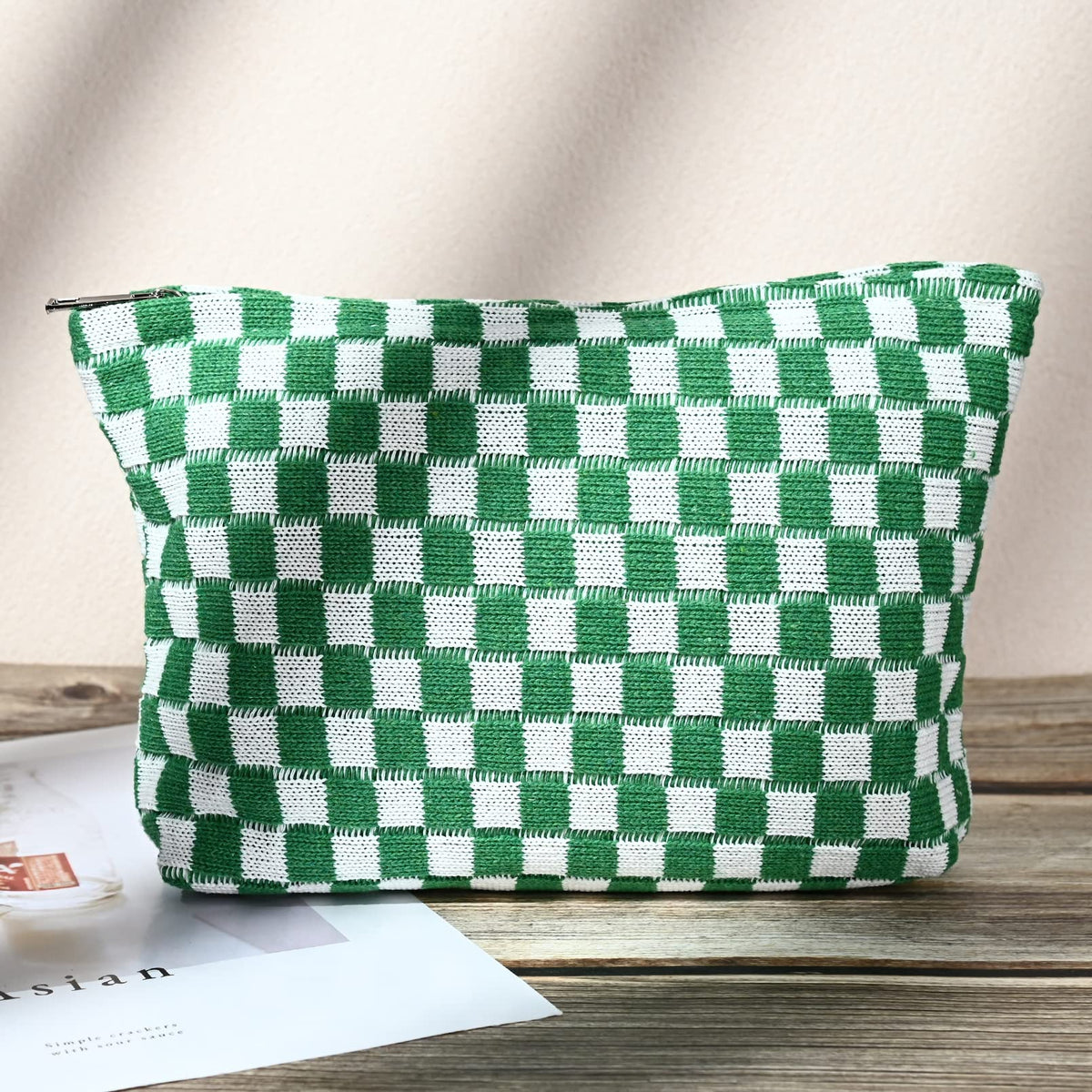 SOIDRAM double pack of green checkered makeup bags