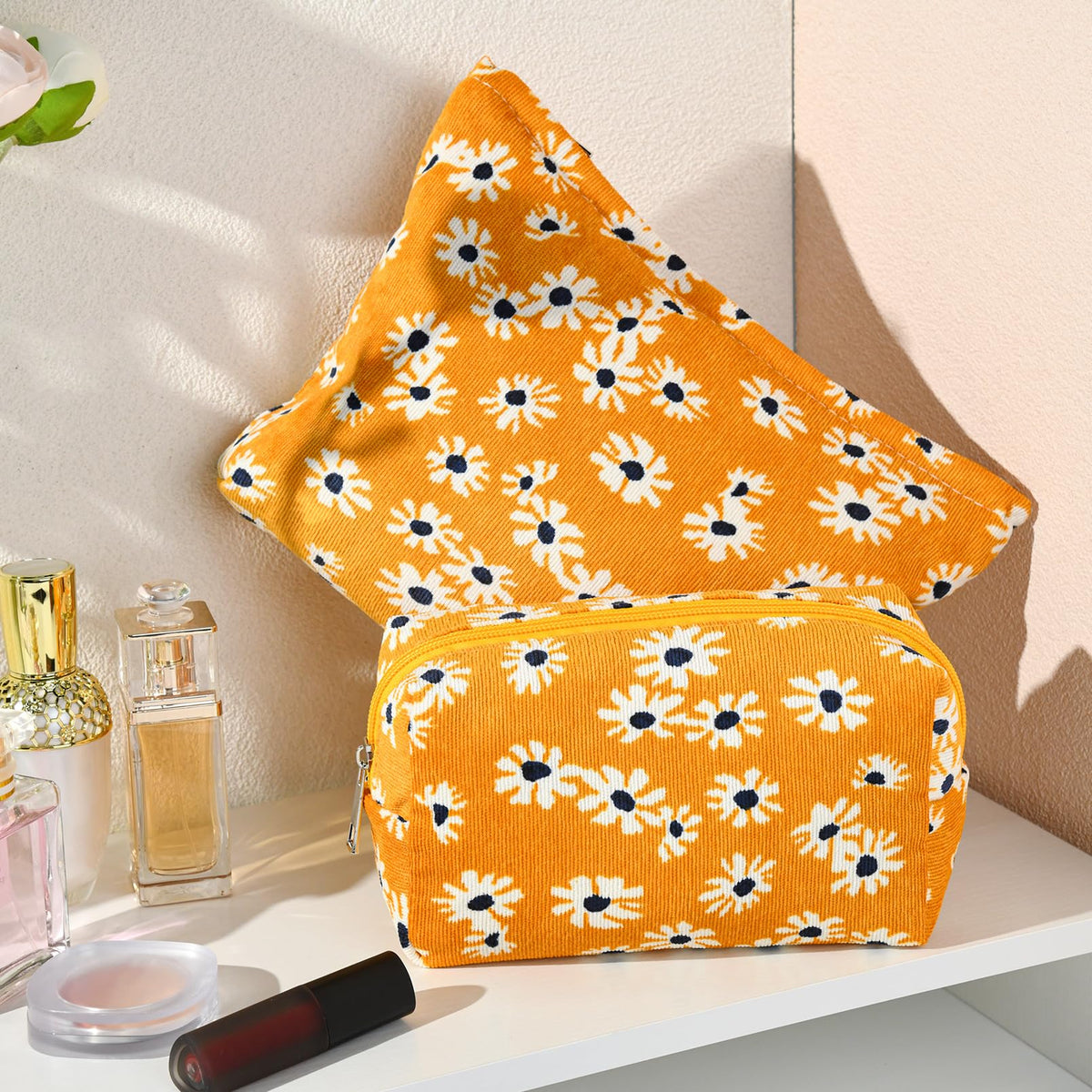 SOIDRAM Flower Makeup Bag lifestyle scene with user