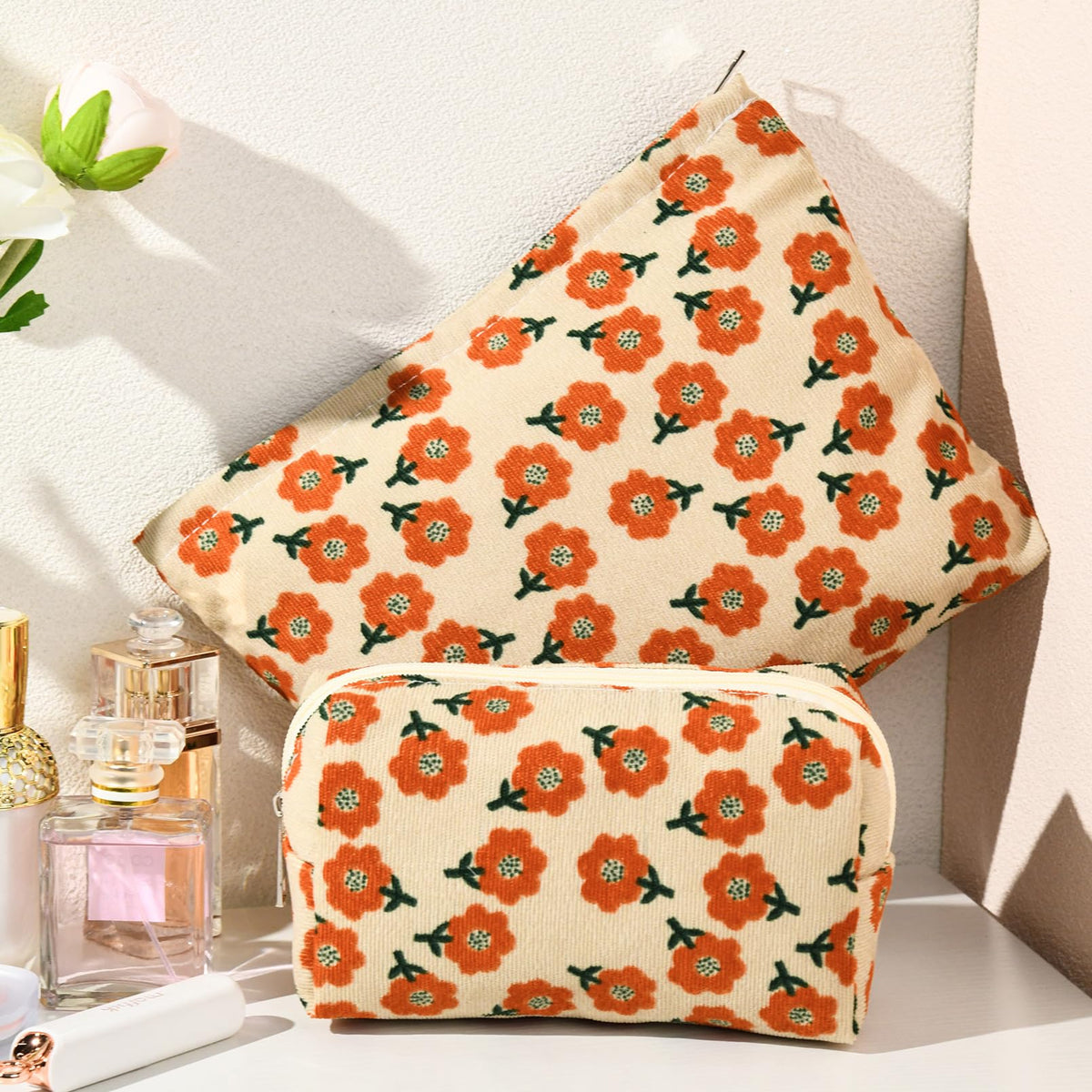 SOIDRAM Flower Makeup Bag packed with cosmetics