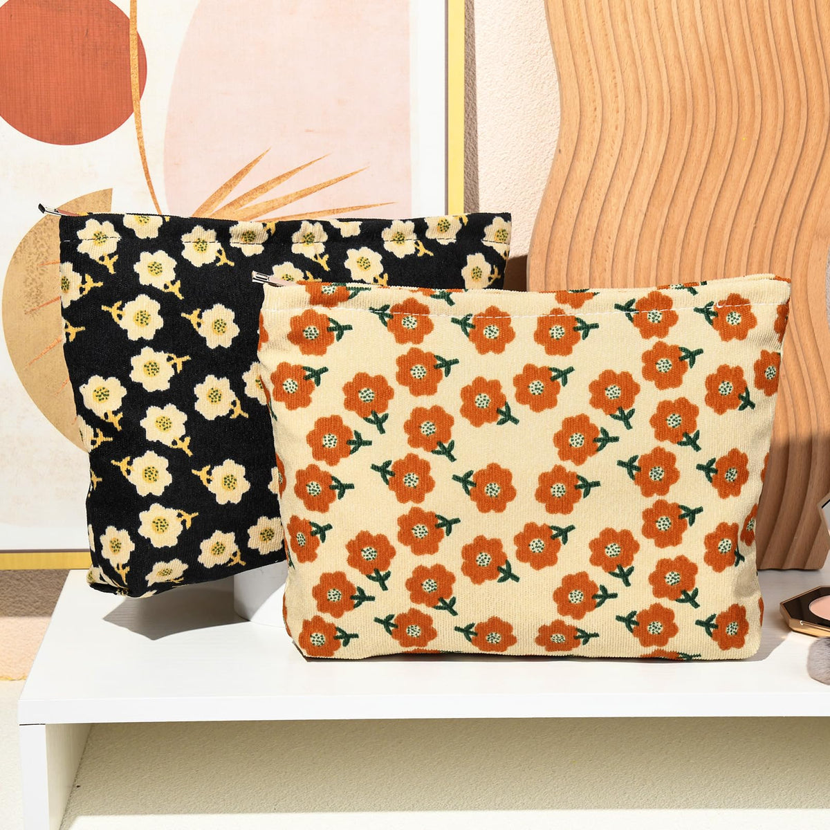 SOIDRAM Flower Makeup Bag packed with toiletries