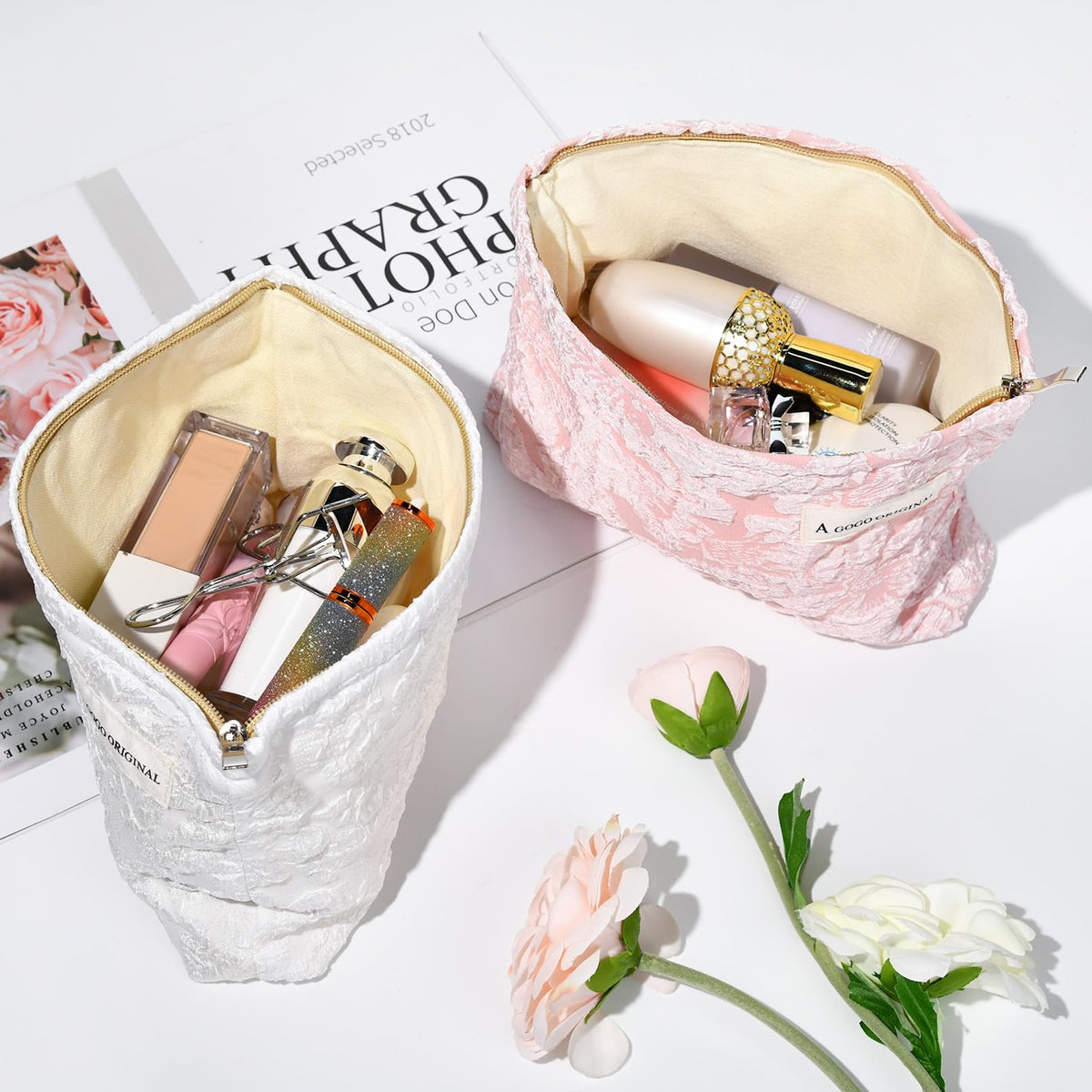 SOIDRAM Flower Makeup Bag Set in white floral design