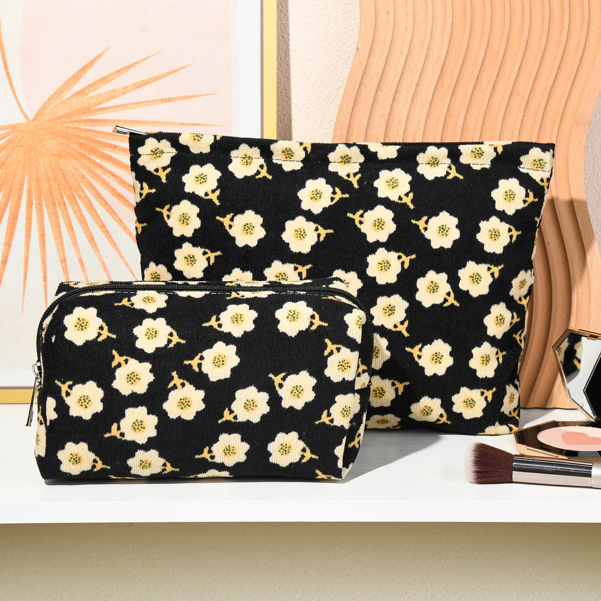 SOIDRAM Flower Makeup Bag Set side view with floral pattern