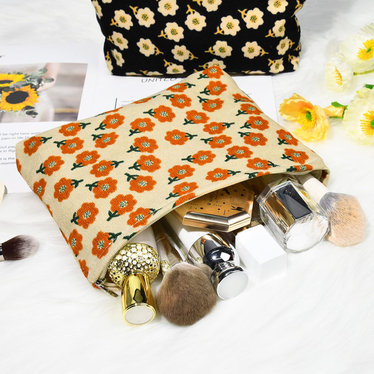 SOIDRAM Flower Makeup Bag travel scene with suitcase