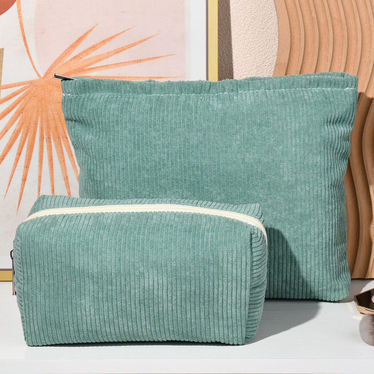 SOIDRAM green corduroy makeup bag lifestyle shot