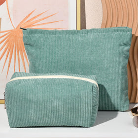 SOIDRAM green corduroy makeup bag lifestyle shot