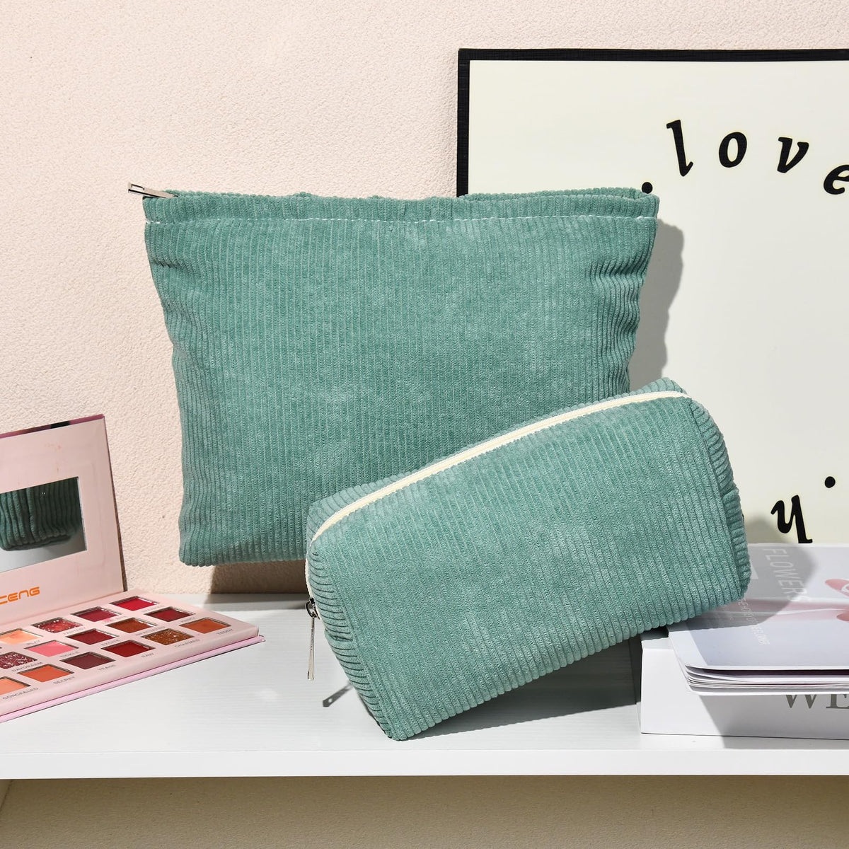 SOIDRAM green corduroy makeup bag with cosmetics