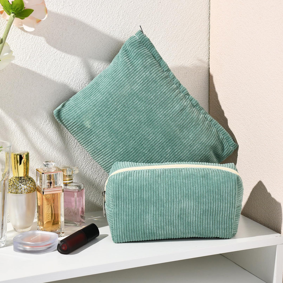 SOIDRAM green corduroy makeup bag with zipper open