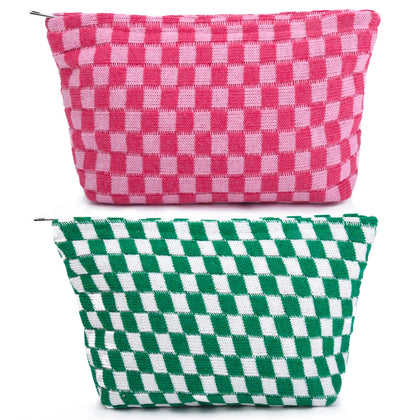 SOIDRAM large checkered makeup bag set in green and pink