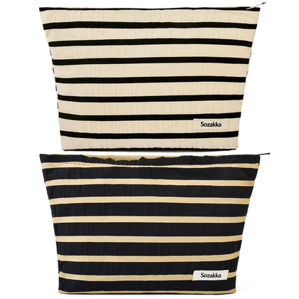 SOIDRAM large stripe makeup bag front view in black and white