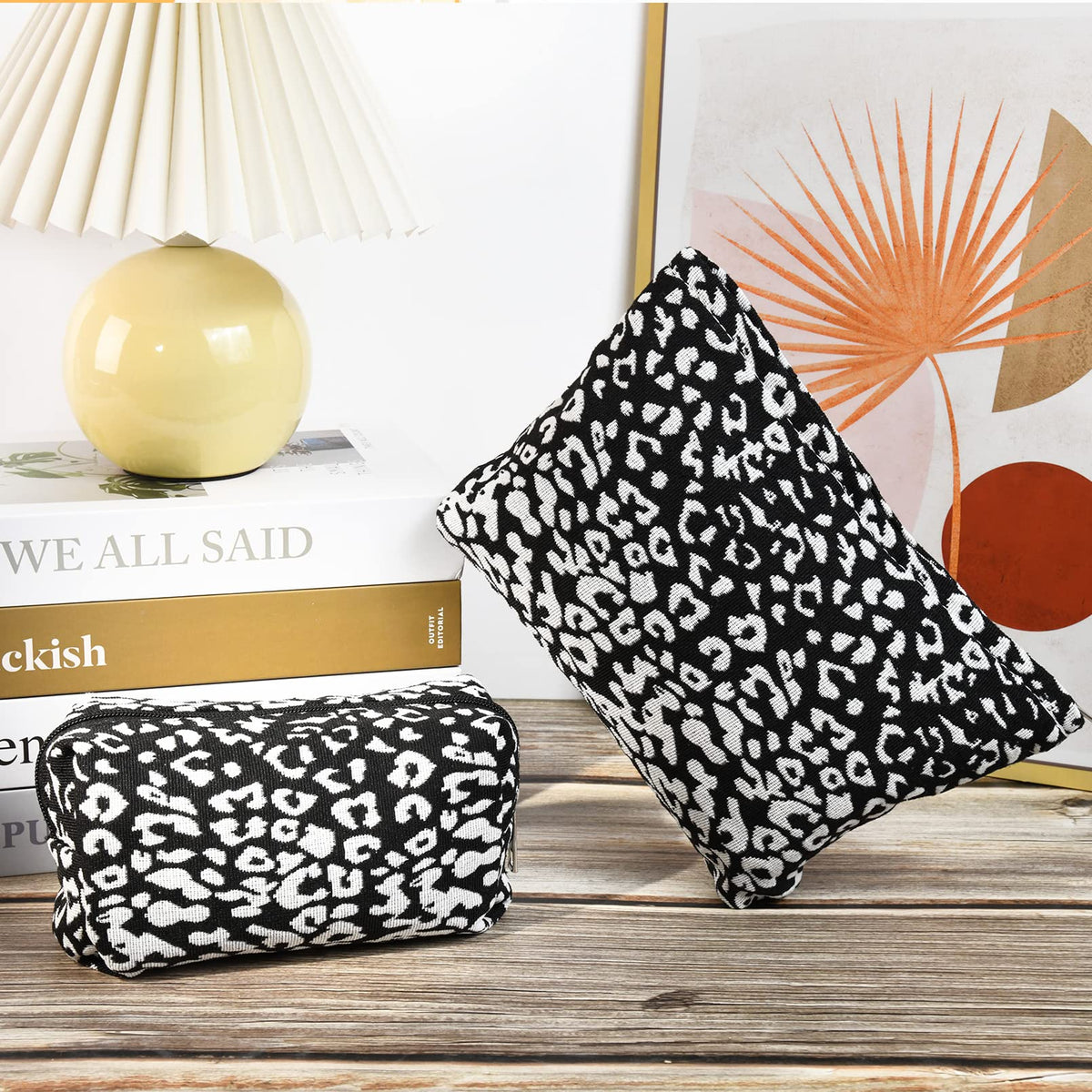 SOIDRAM Leopard Print Makeup Bag set in lifestyle scene