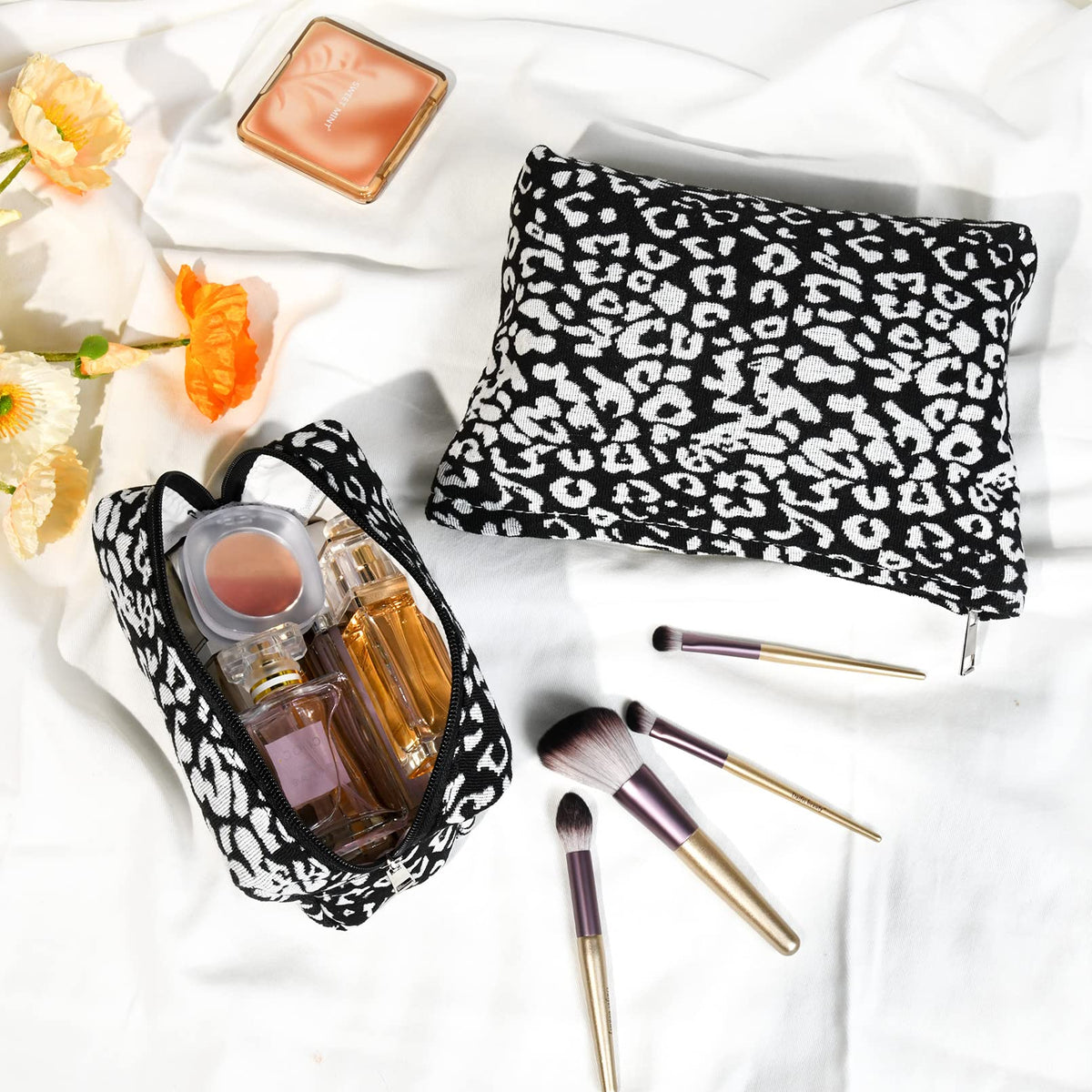 SOIDRAM Leopard Print Makeup Bag set inside with cosmetics