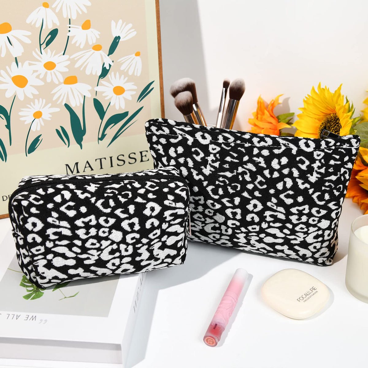 SOIDRAM Leopard Print Makeup Bags with makeup brushes