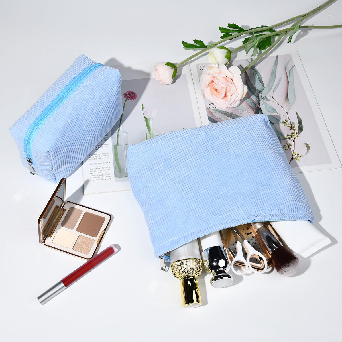 SOIDRAM makeup bags in a stylish flat lay arrangement