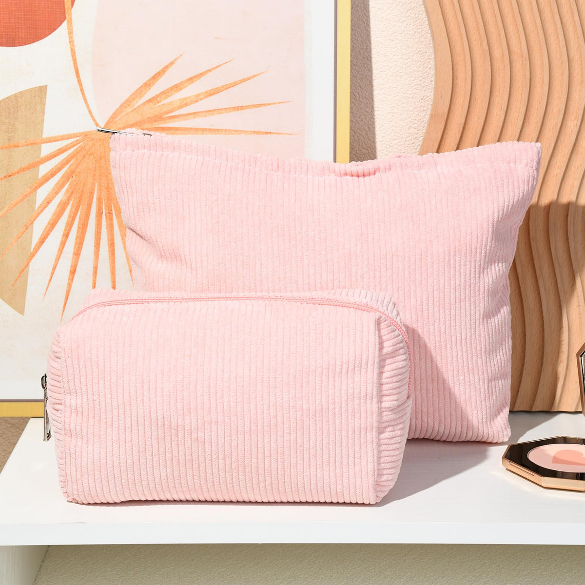SOIDRAM pink corduroy makeup bags stacked