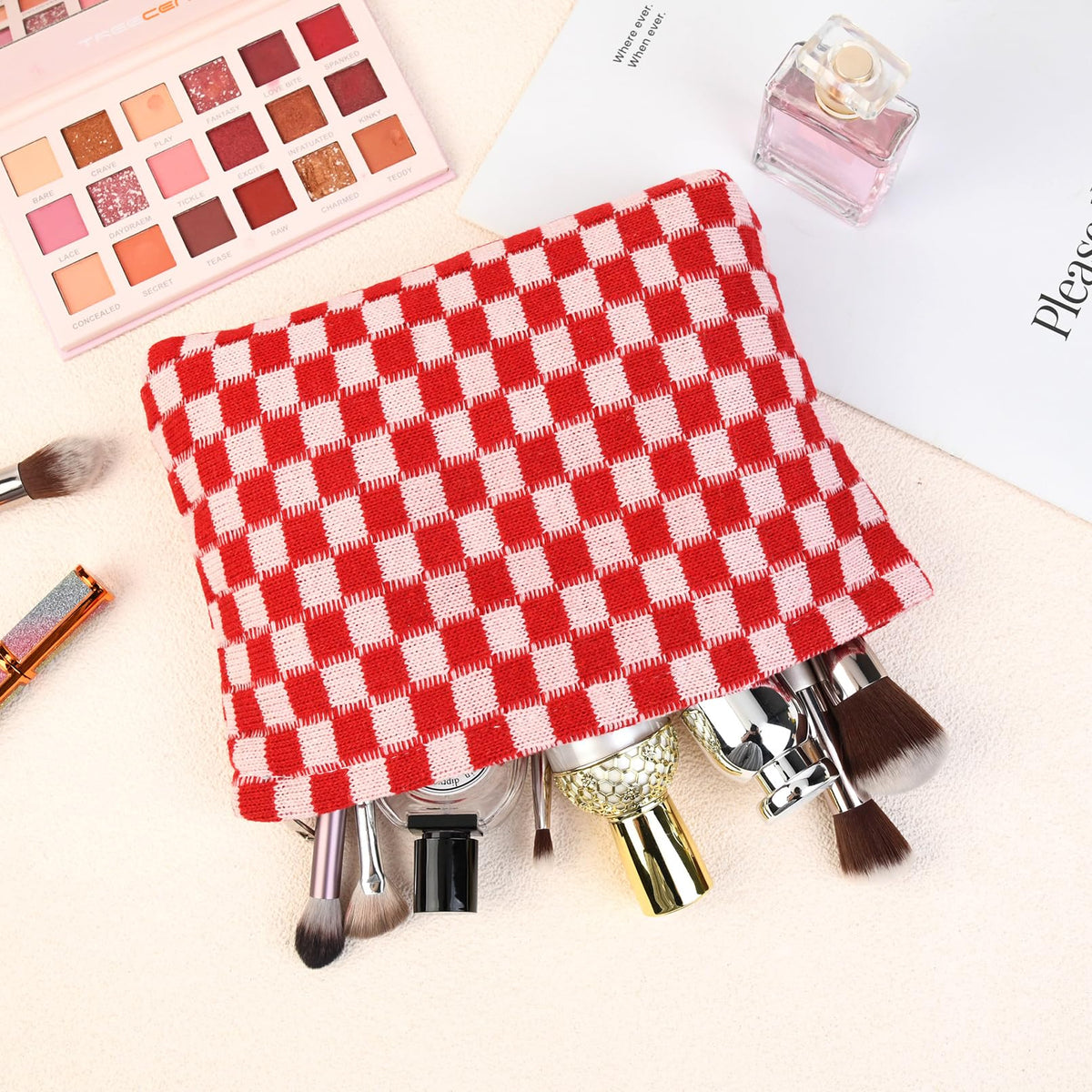 SOIDRAM red checkered makeup bag on a vanity