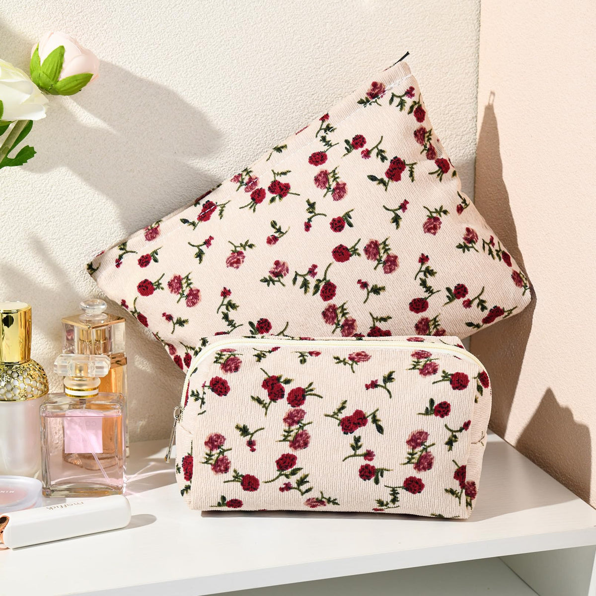 SOIDRAM Rose Makeup Bag Set displayed on a vanity