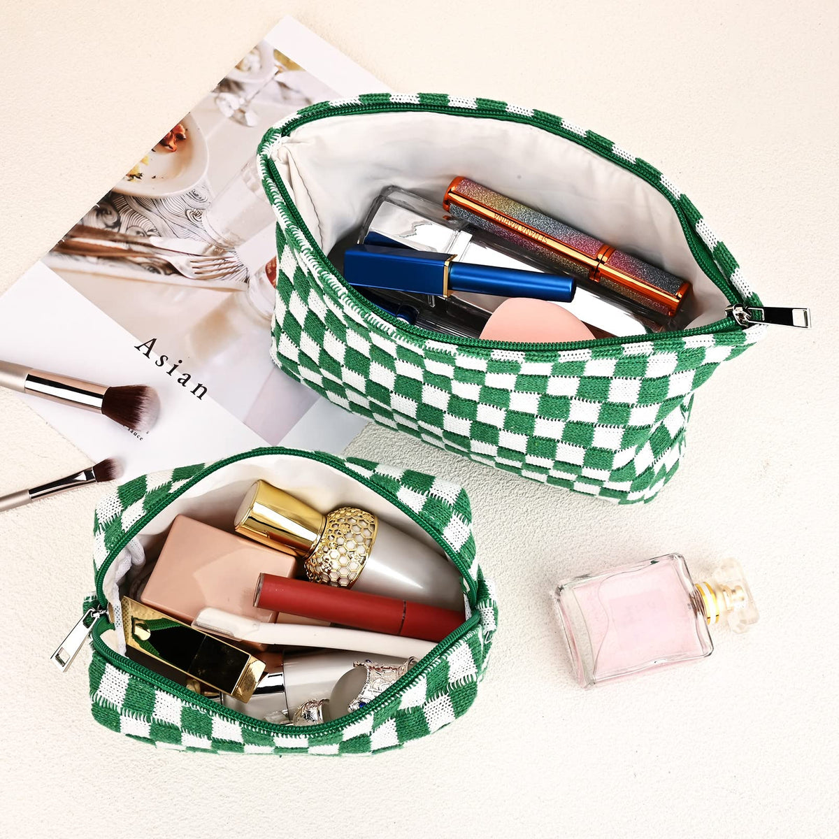 SOIDRAM small checkered makeup bag open with tools