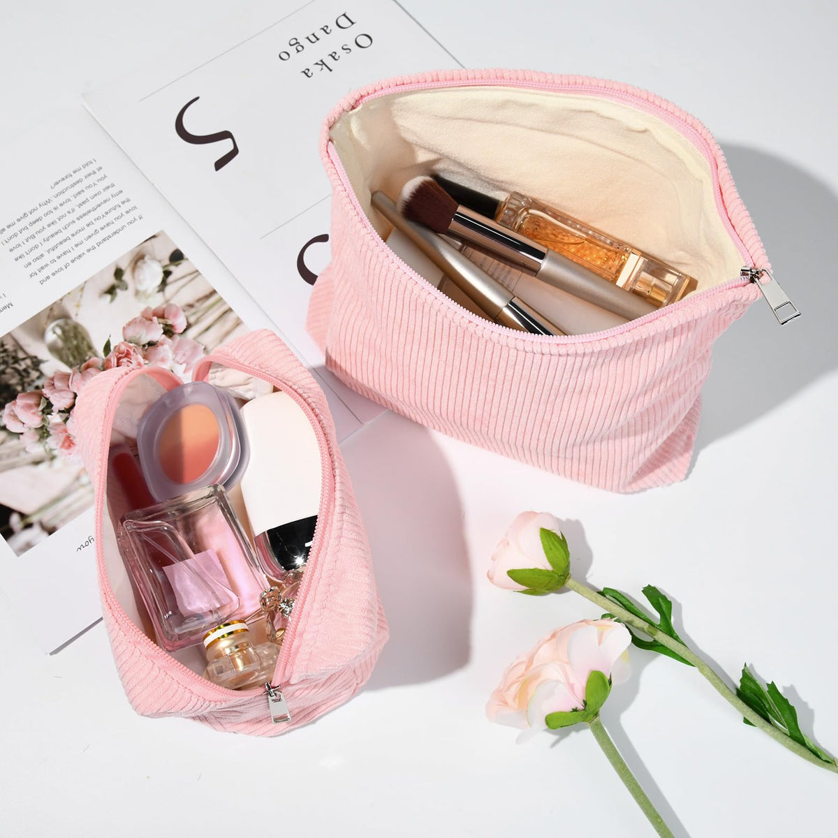 SOIDRAM small makeup bag on a travel suitcase