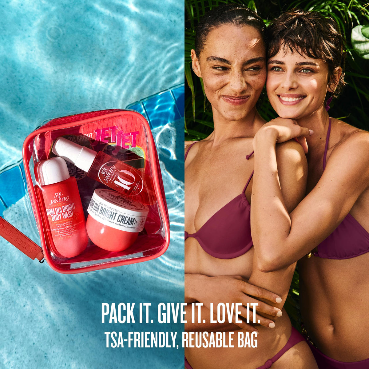 Sol de Janeiro Bom Dia Bright Jet Set products in a travel bag