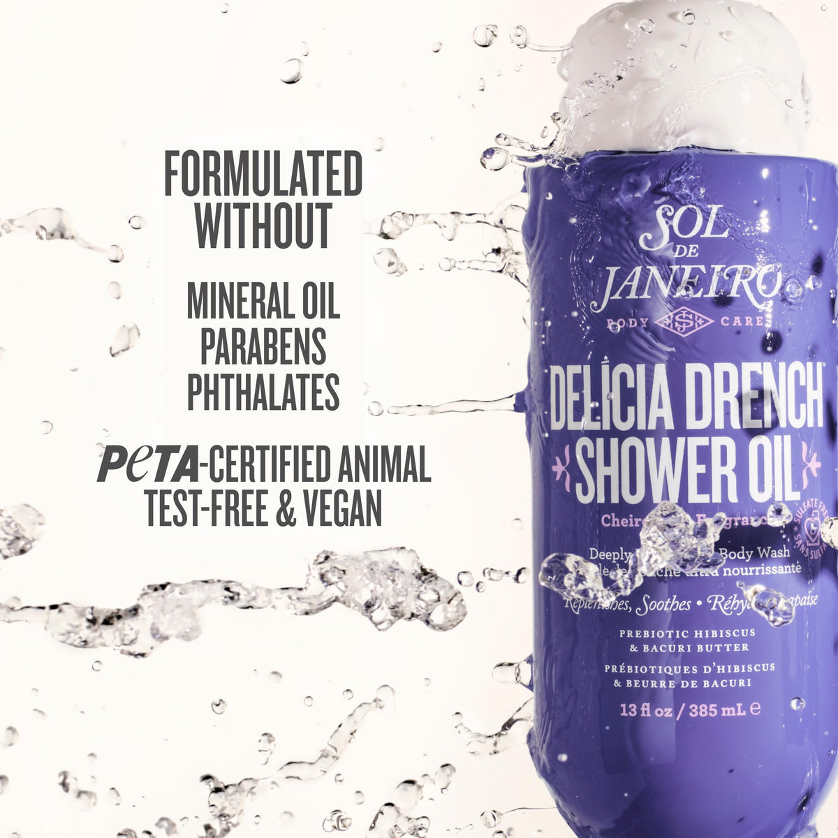 Sol de Janeiro Delícia Drench Shower Oil 385mL alongside Cheirosa 59 Perfume Mist