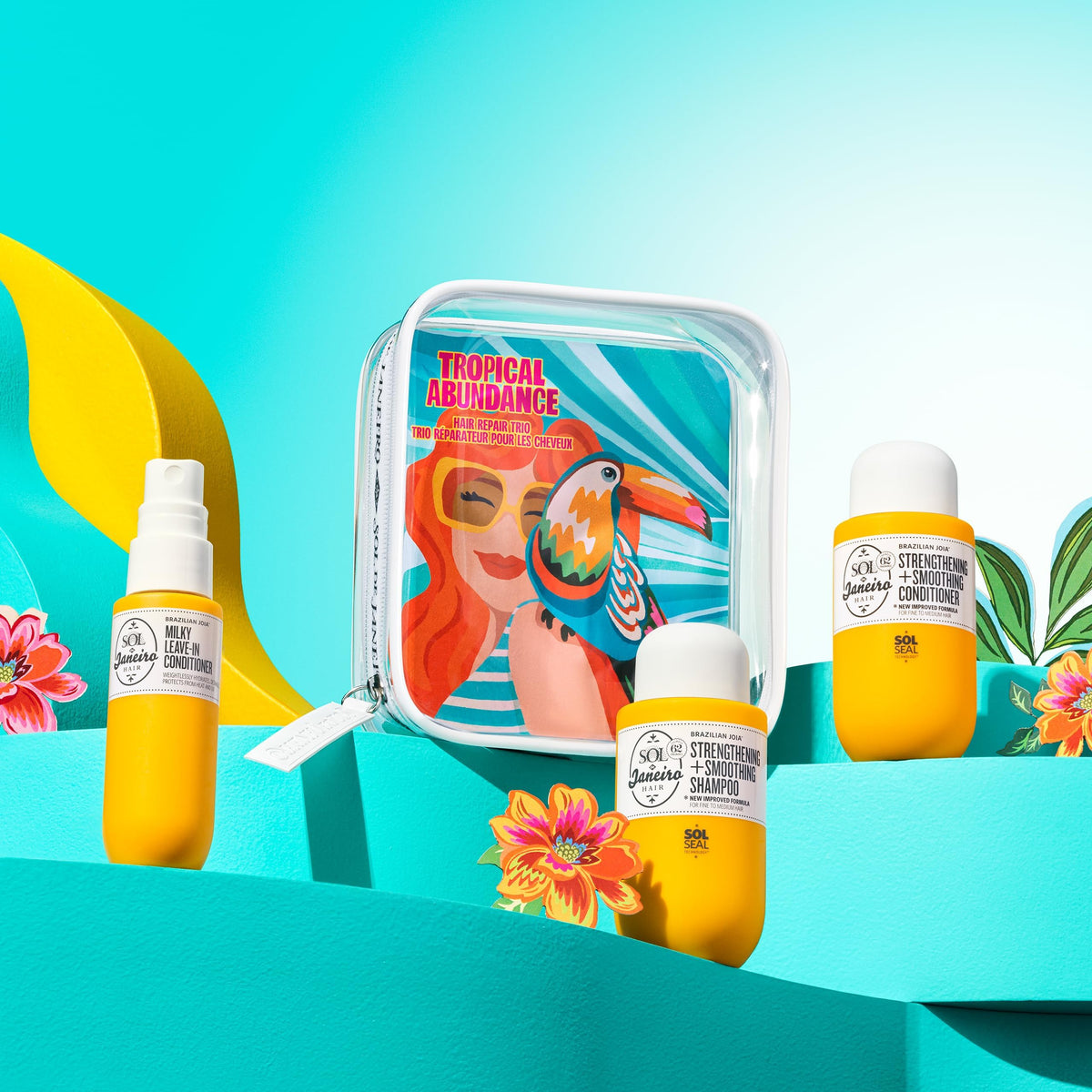 Sol de Janeiro Tropical Abundance Hair Repair Trio Set displayed on a bathroom counter