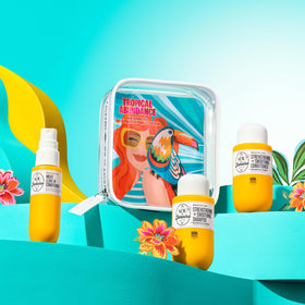 Sol de Janeiro Tropical Abundance Hair Repair Trio Set displayed on a bathroom counter