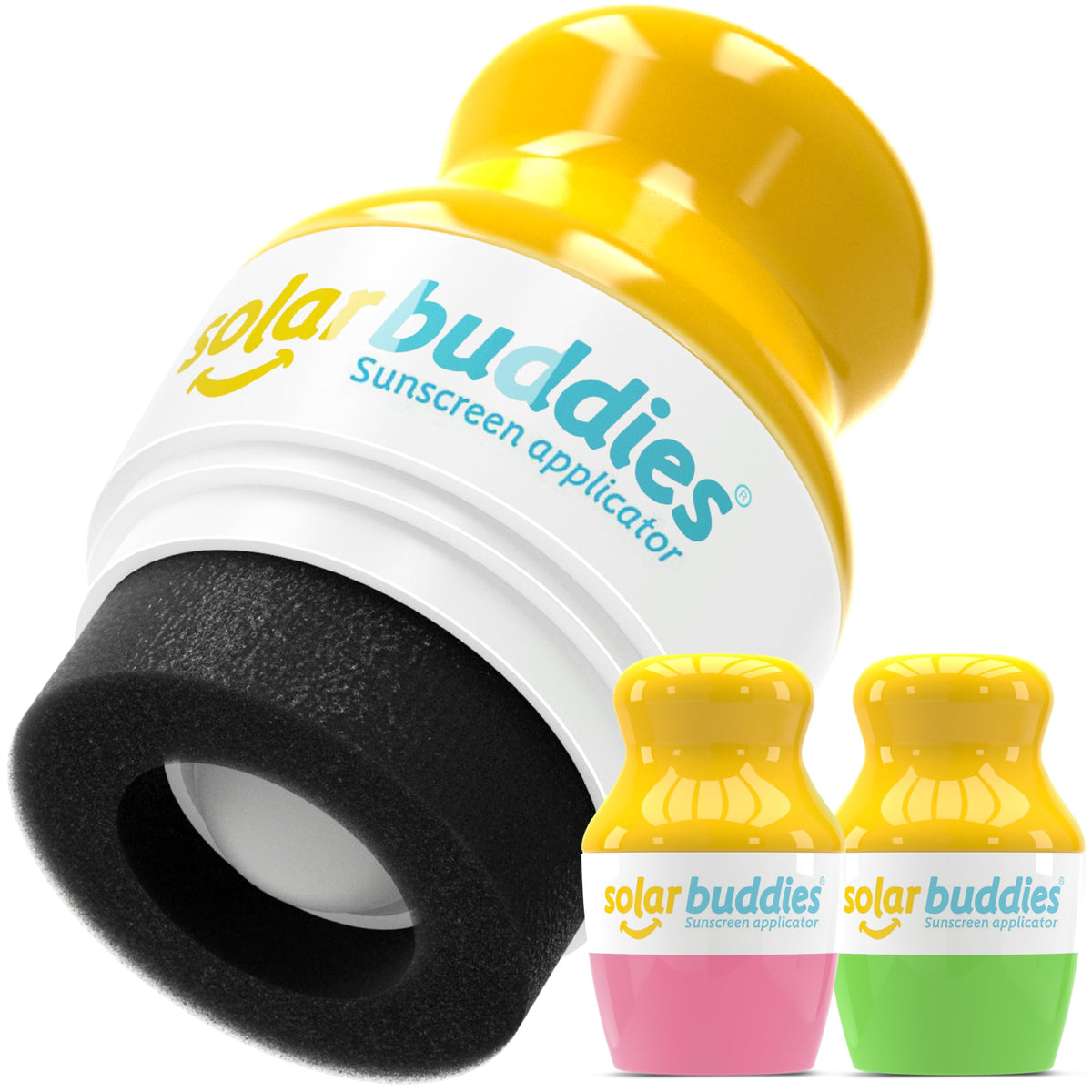 Solar Buddies Sunscreen Applicator front view in green and pink