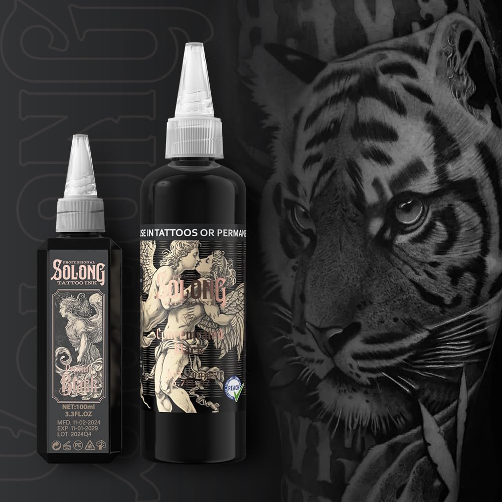 Solong Tattoo Black Tattoo Ink 3.3oz close-up of bottle