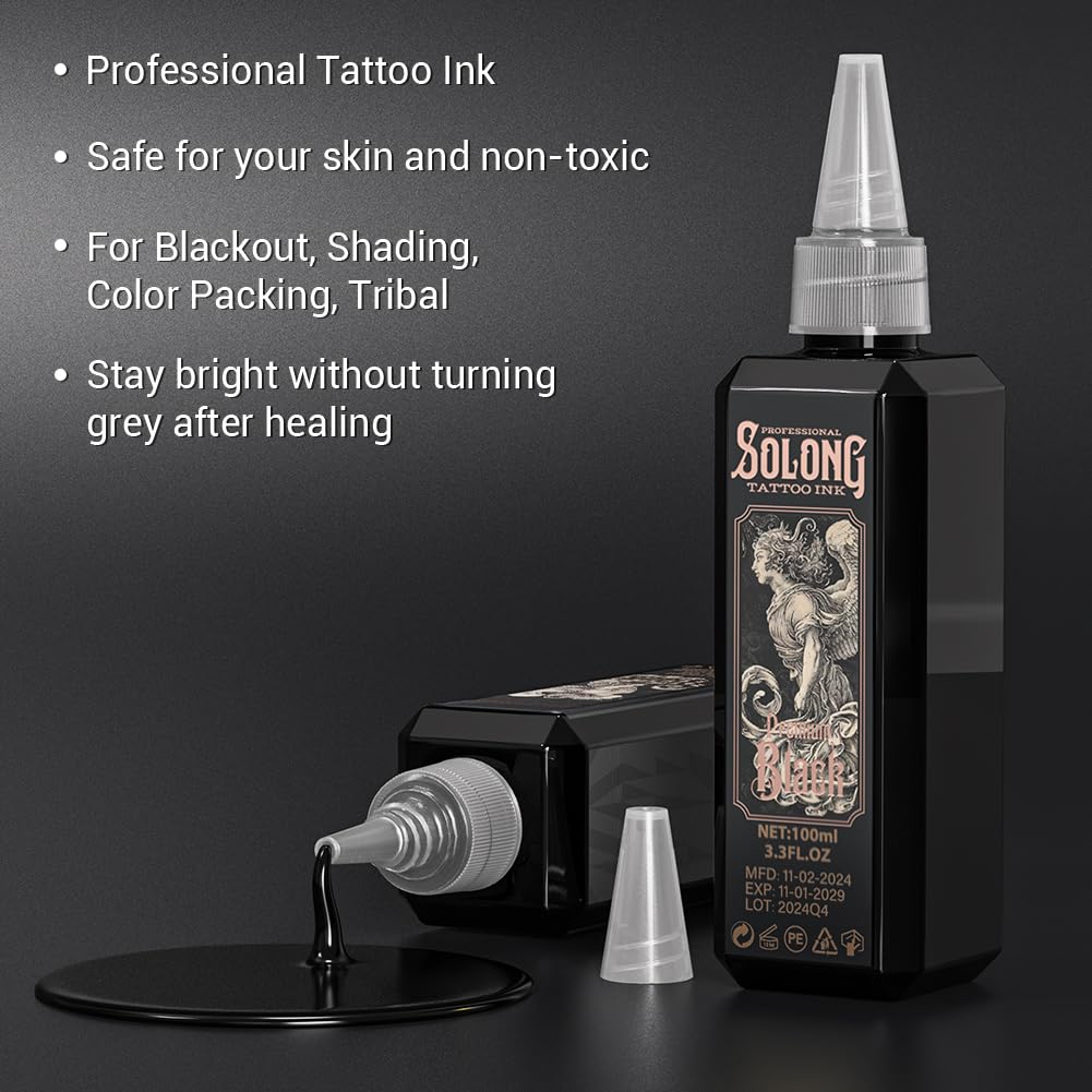 Solong Tattoo Black Tattoo Ink 3.3oz side view