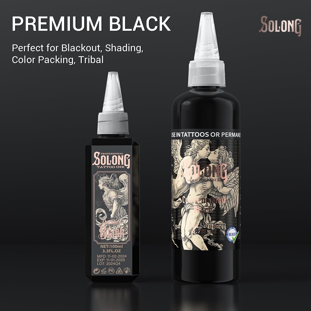Solong Tattoo Black Tattoo Ink 3.3oz with tattoo supplies