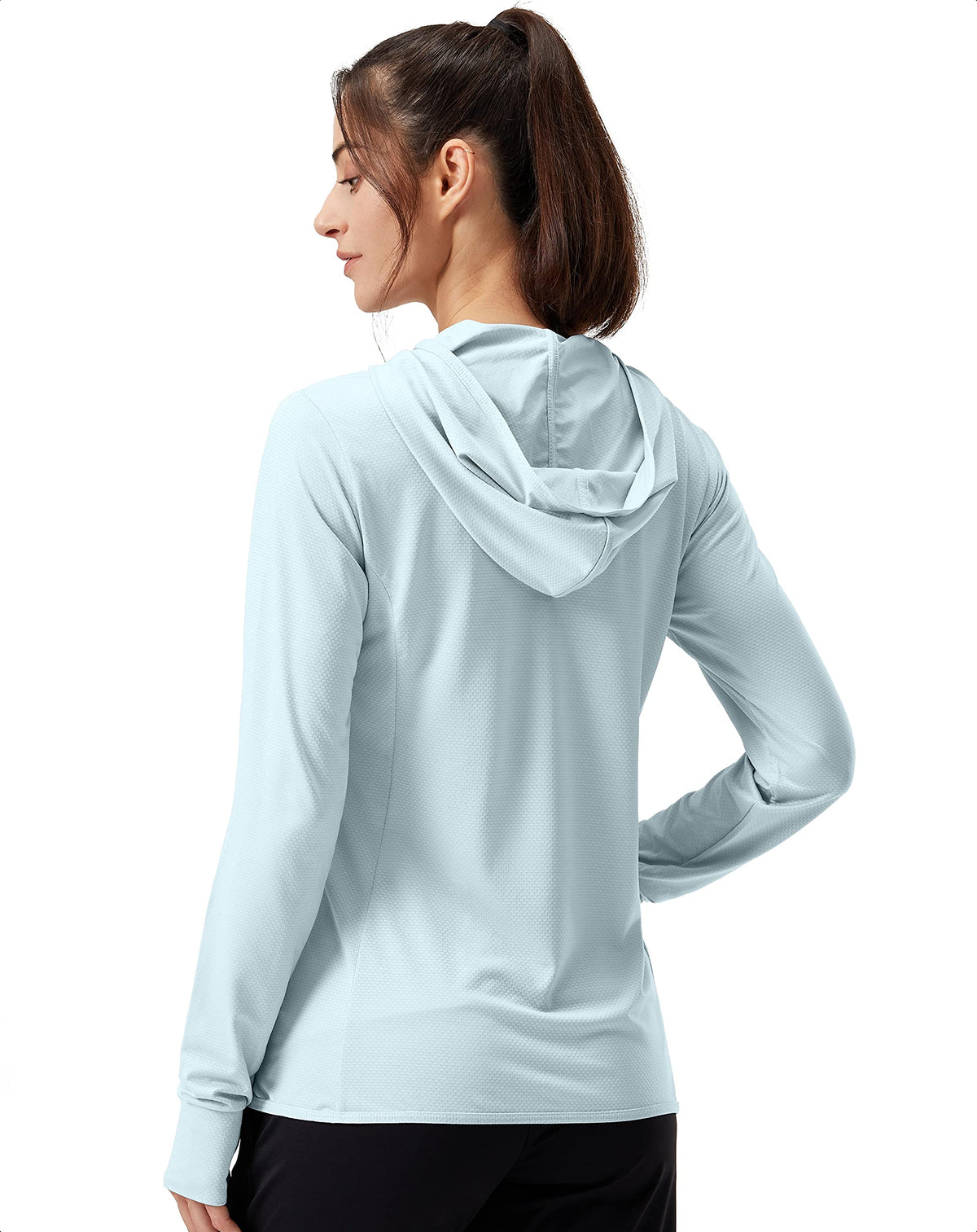 Soothfeel Women's sun hoodie showing hood and thumb holes