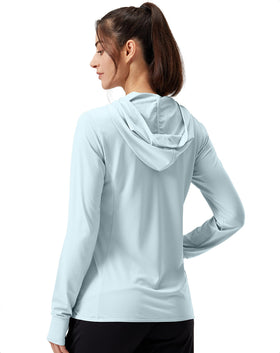 Soothfeel Women's sun hoodie showing hood and thumb holes