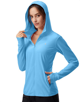 Soothfeel Women's UPF 50+ Sun Protection Hoodie Jacket front view in blue