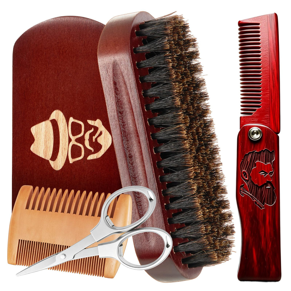 Sosoon beard brush set including walnut wood brush and stainless steel scissors