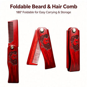 Sosoon wood beard comb displayed next to beard brush