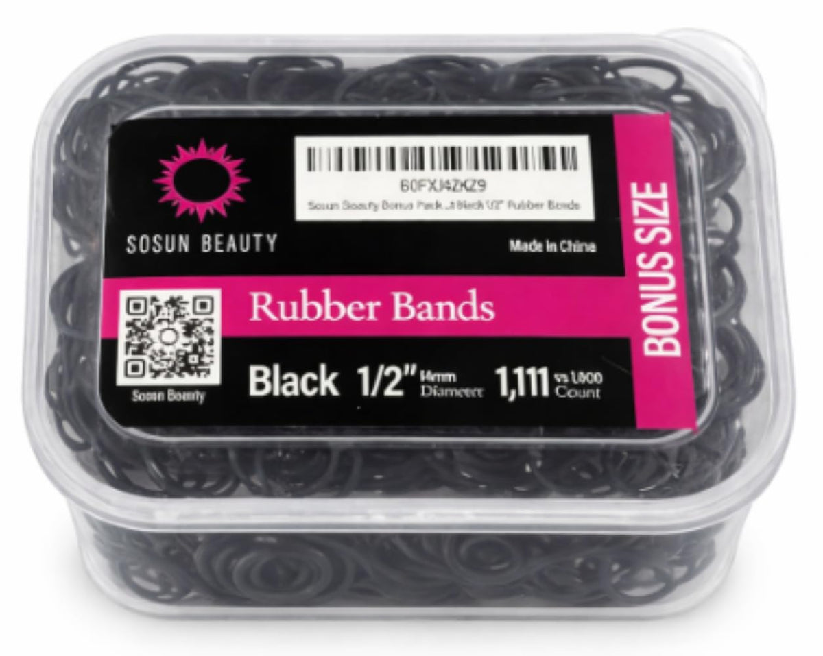 Sosun Beauty 1/2 inch black rubber hair bands in sturdy container