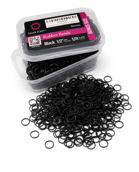 Sosun Beauty black rubber hair bands scattered on a white background