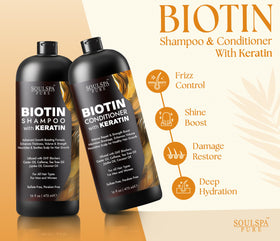 SOULSPA PURE Biotin Shampoo and Conditioner Set on a bathroom shelf