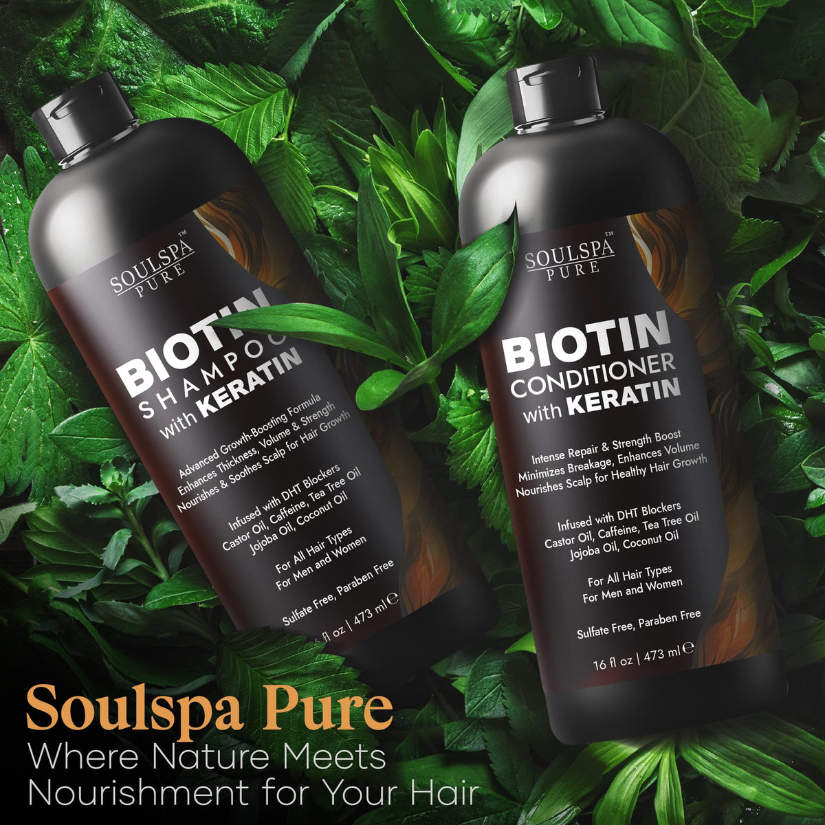 SOULSPA PURE Biotin Shampoo and Conditioner Set with natural background