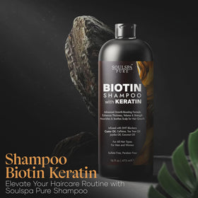 SOULSPA PURE Biotin Shampoo with keratin displayed on a bathroom counter