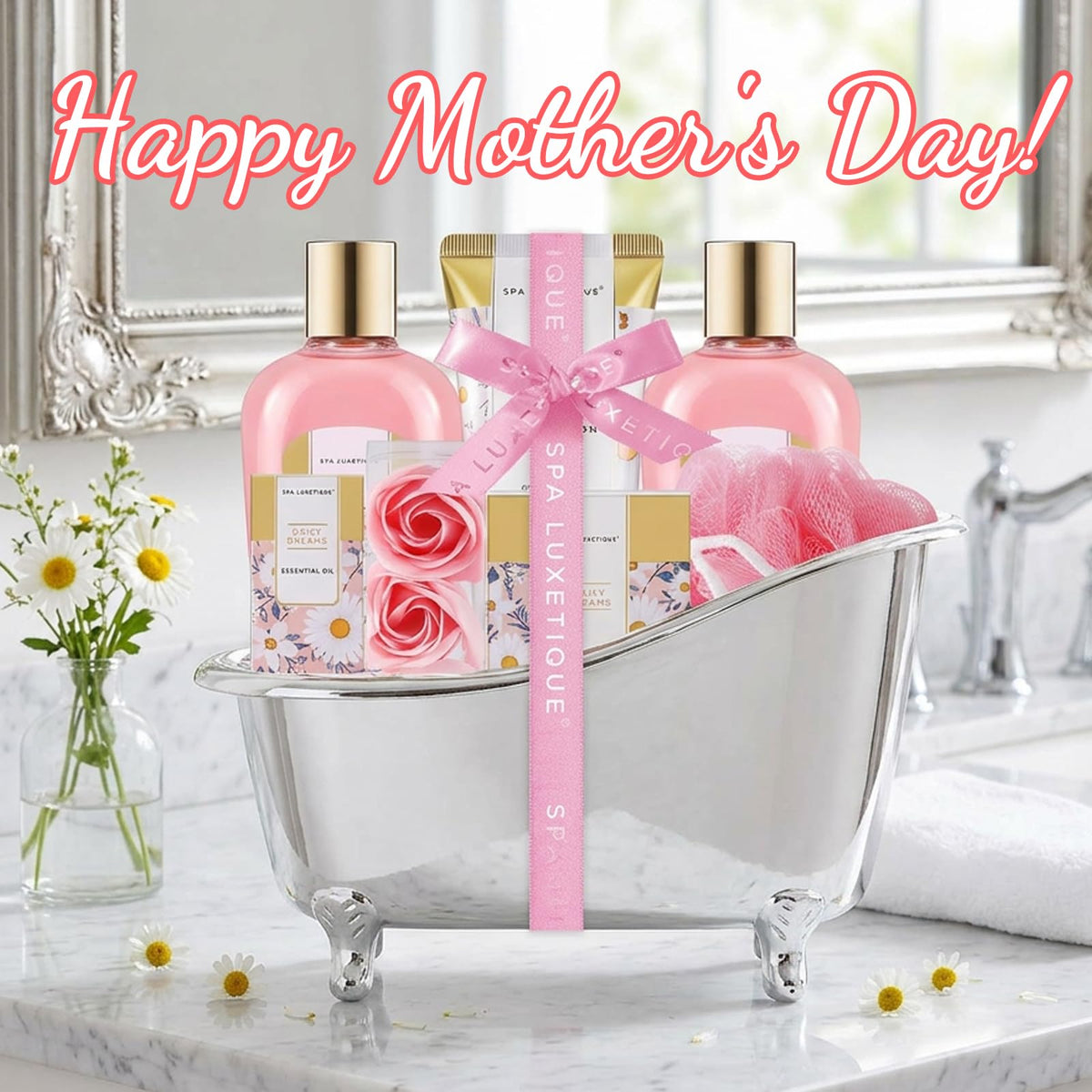 spa luxetique bath puff and soap petals from Daisy Spa Gift Set