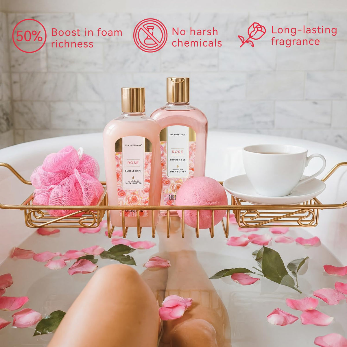 spa luxetique Rose Bath Bombs in packaging