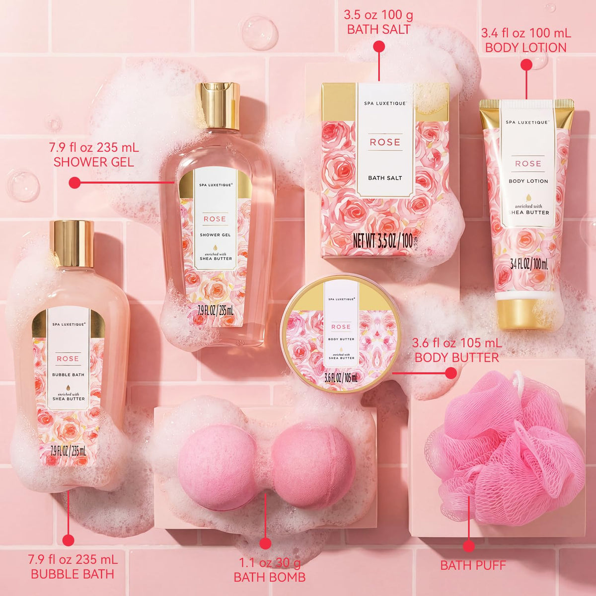 spa luxetique Rose Bubble Bath bottle close-up
