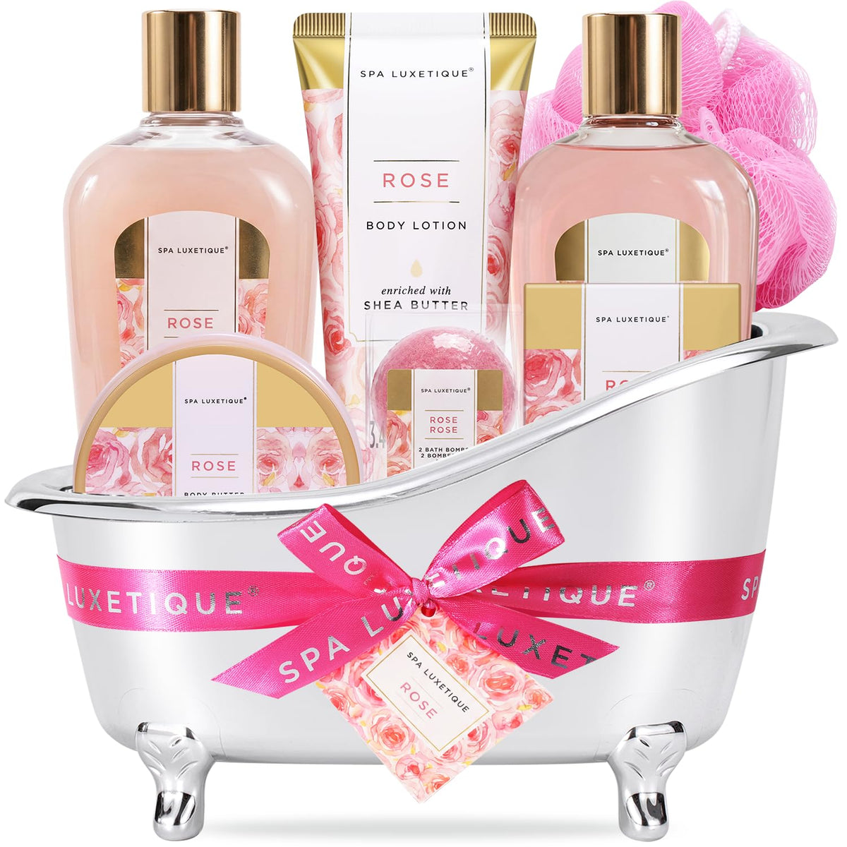 spa luxetique Rose Spa Gift Set front view with all items displayed