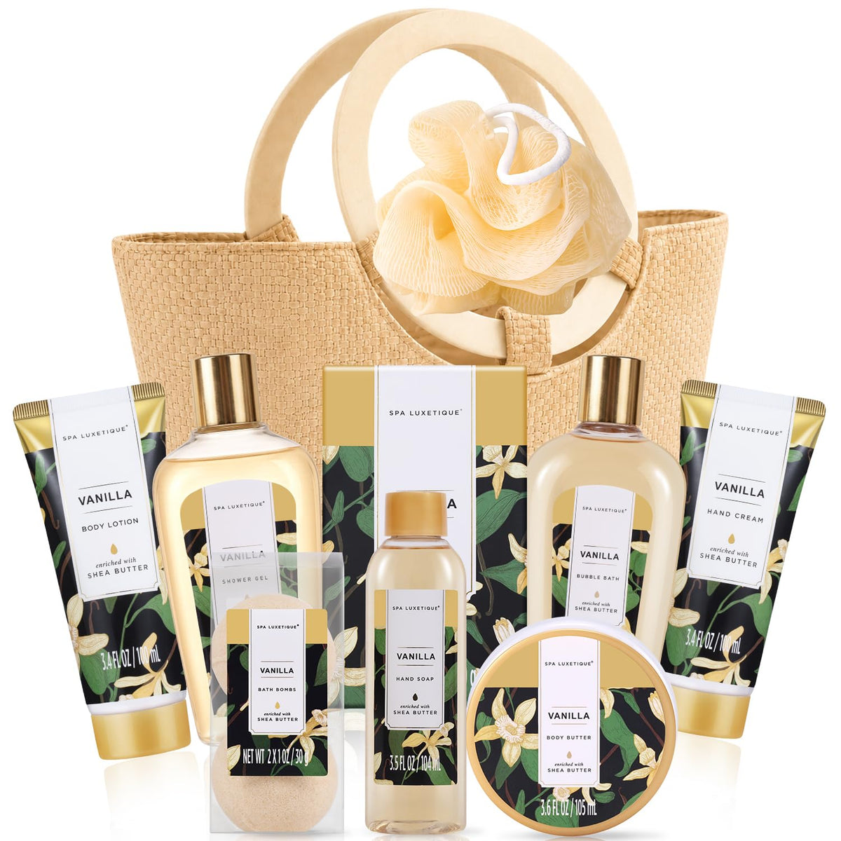 Spa Luxetique Vanilla Spa Gift Basket front view with all products