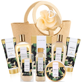 Spa Luxetique Vanilla Spa Gift Basket front view with all products