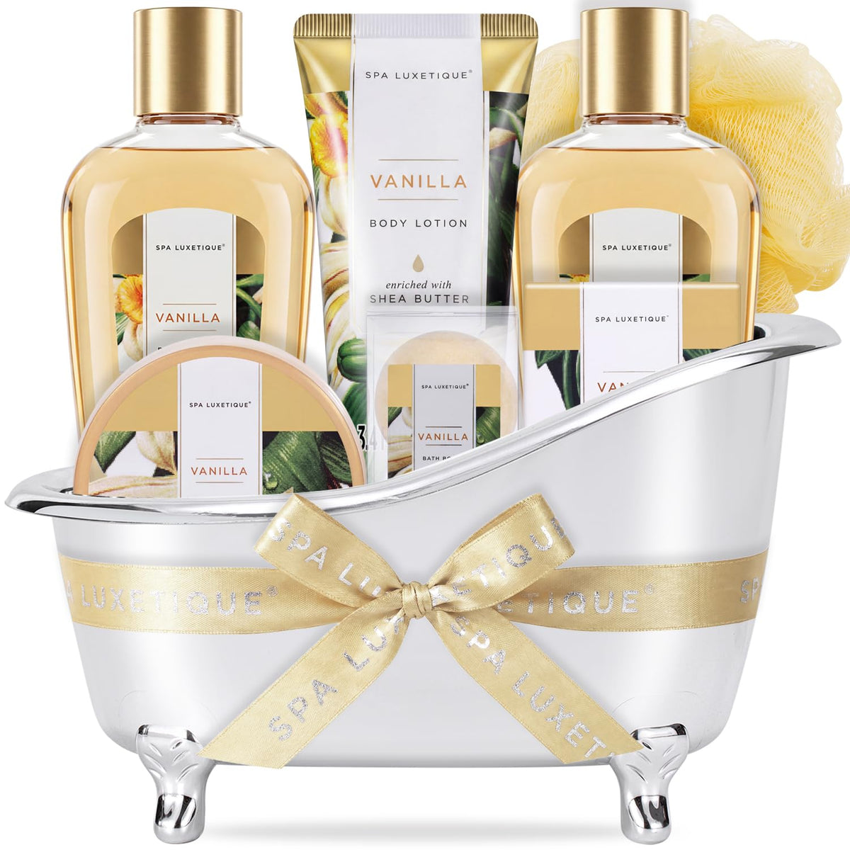 Spa Luxetique Vanilla Spa Gift Set front view with bathtub packaging